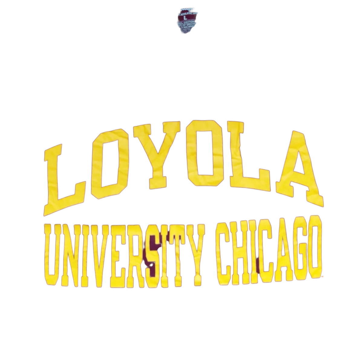 My Store burgundy Champion Loyola University Chicago cotton t-shirt with yellow collegiate graphic print