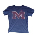 My Store navy blue Nike crew neck cotton t-shirt featuring a large distressed M graphic and small red Swoosh logo