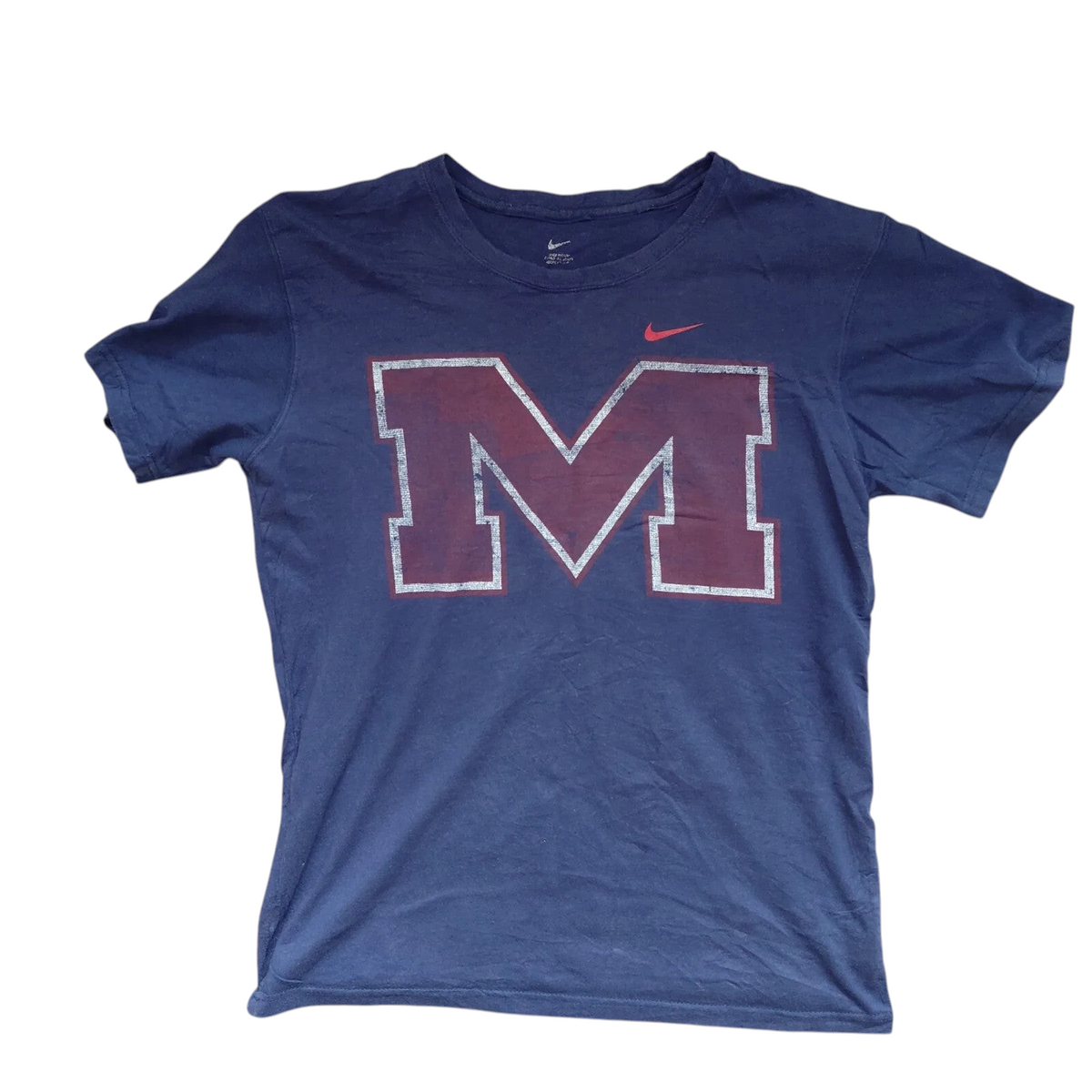 My Store navy blue Nike crew neck cotton t-shirt featuring a large distressed M graphic and small red Swoosh logo