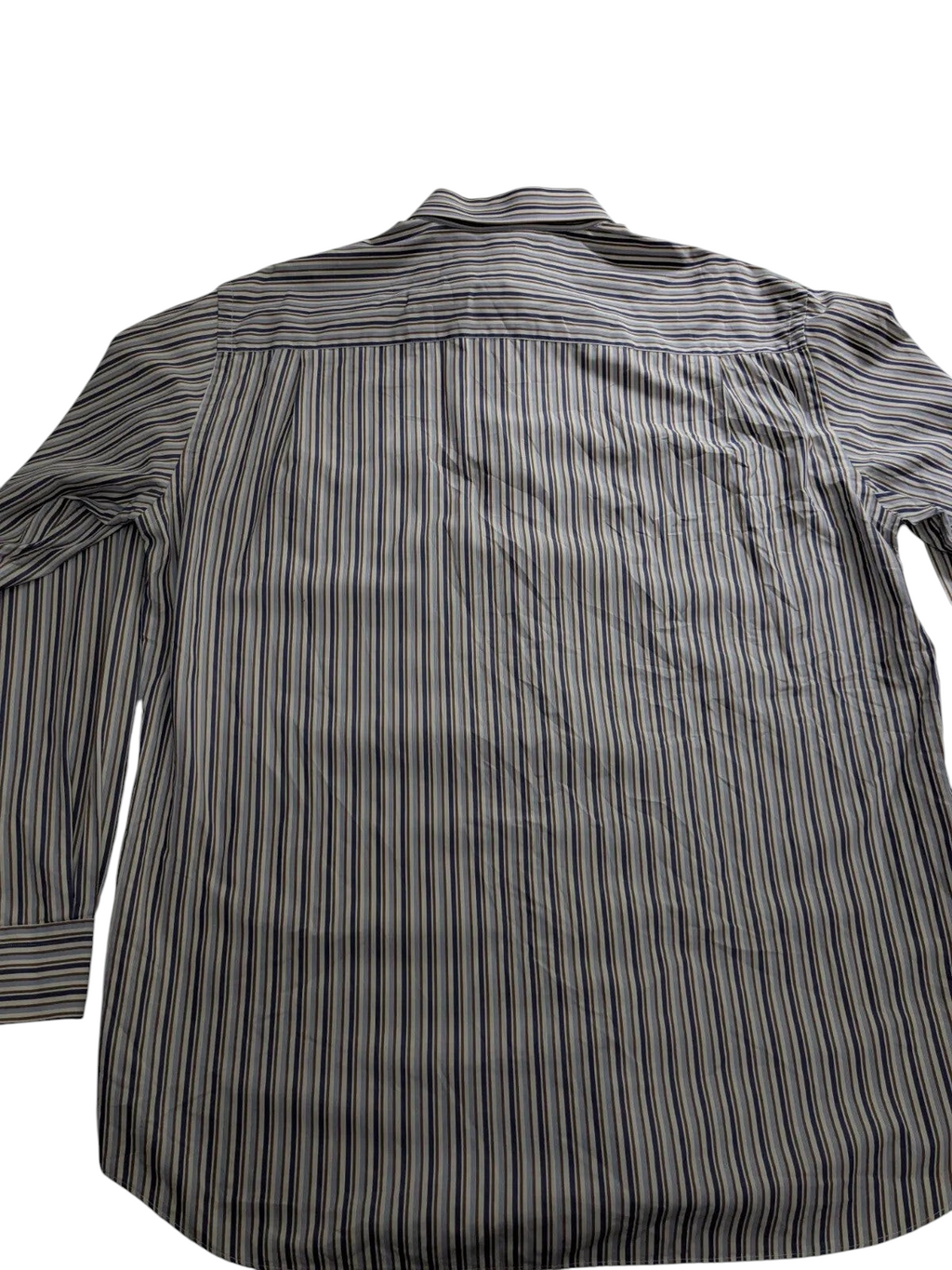 Back view of a My Store Paul & Shark long sleeve button up shirt featuring a multi-colored vertical striped pattern.