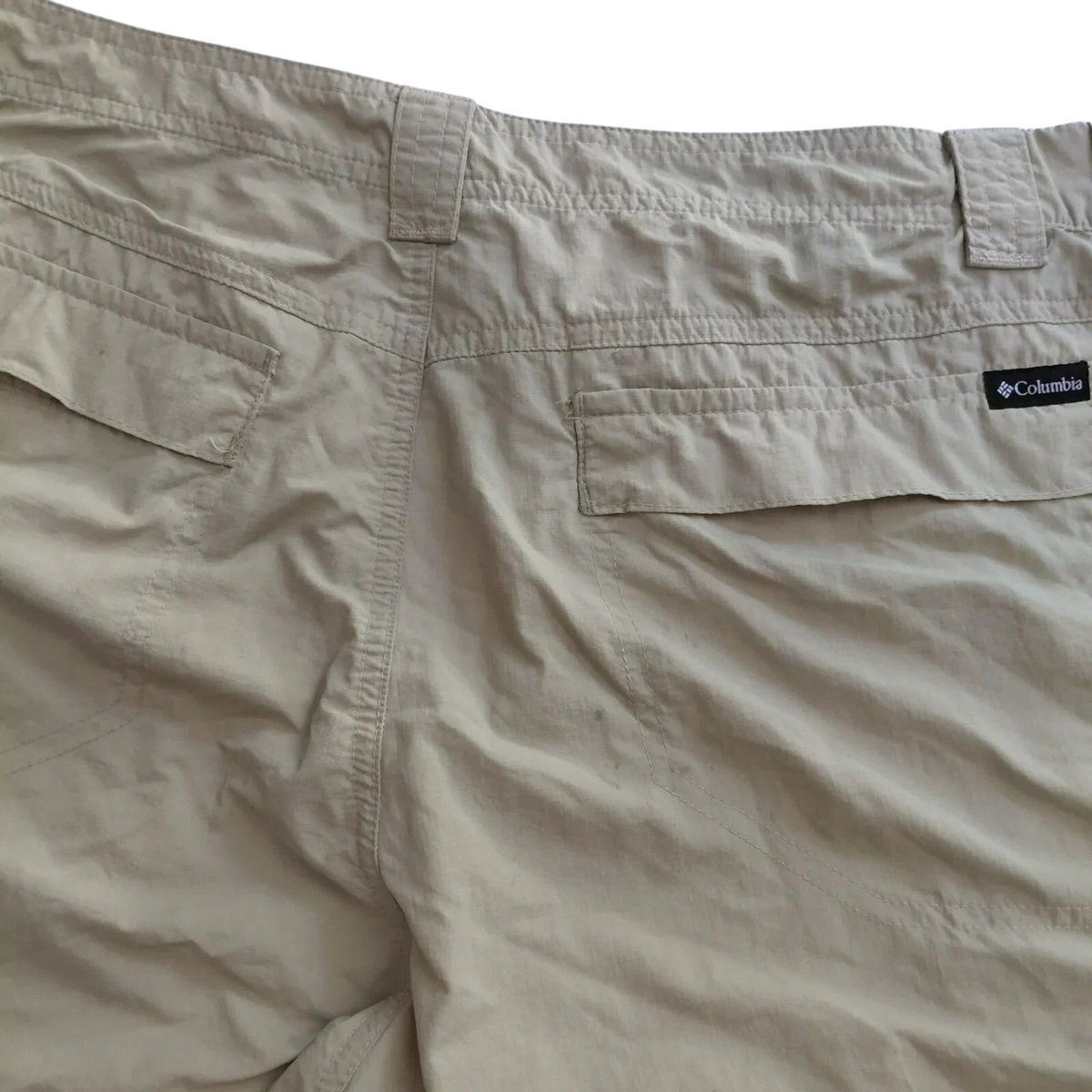 My Store Columbia beige nylon ripstop cargo shorts with rear pockets and brand logo tag