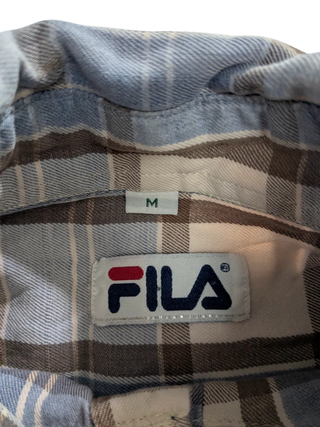 My Store Fila plaid button up shirt in blue and white cotton with size M label