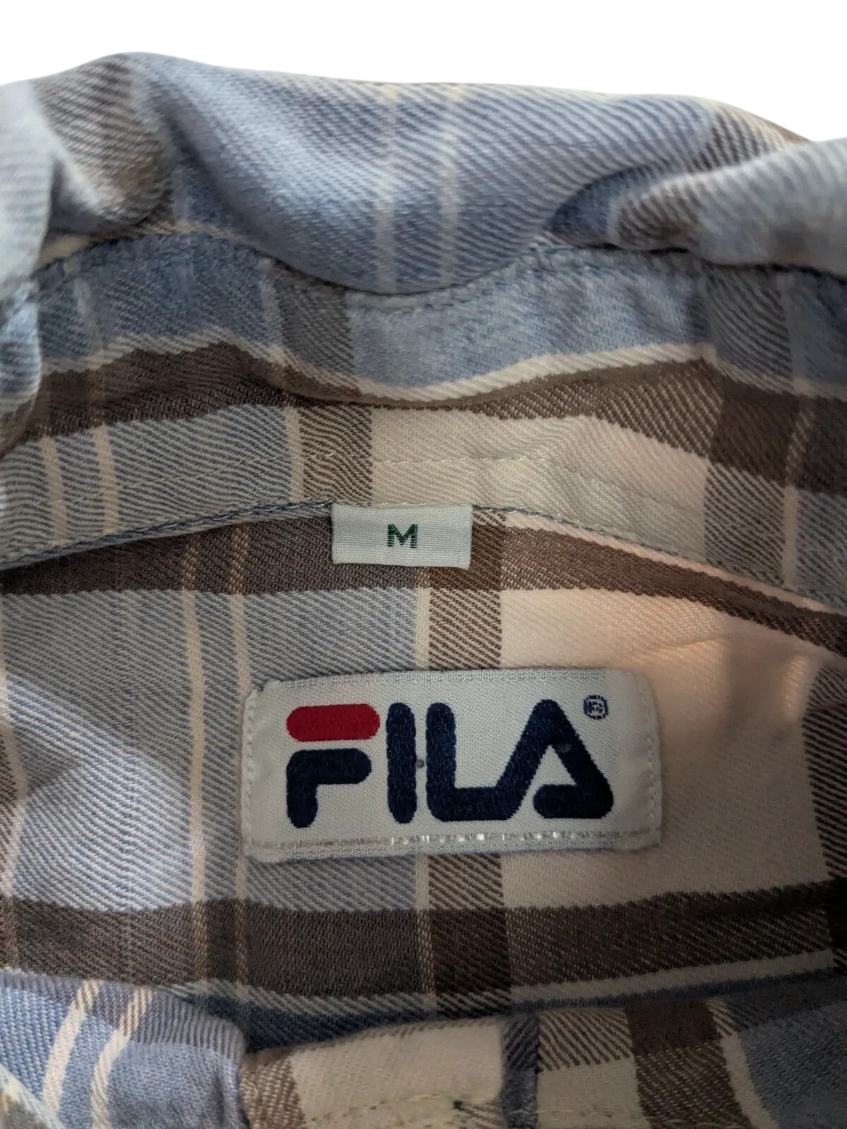 My Store Fila plaid button up shirt in blue and white cotton with size M label
