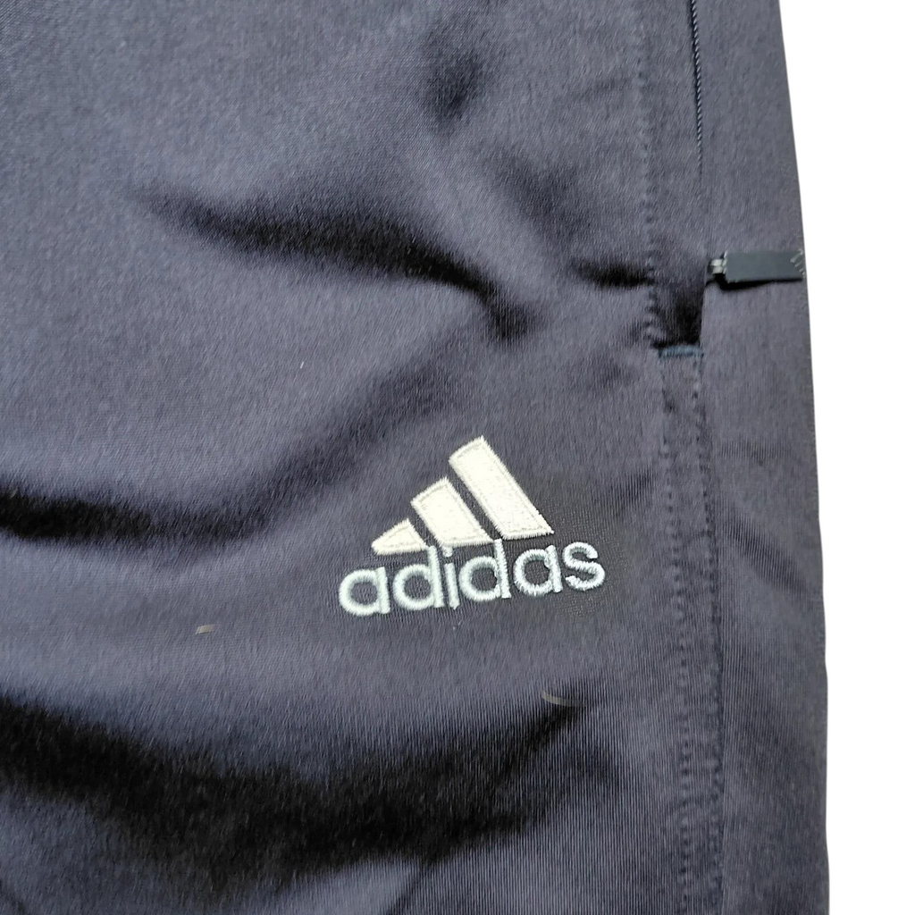 My Store navy blue Adidas polyester track pants featuring a white embroidered logo and a side zipper pocket