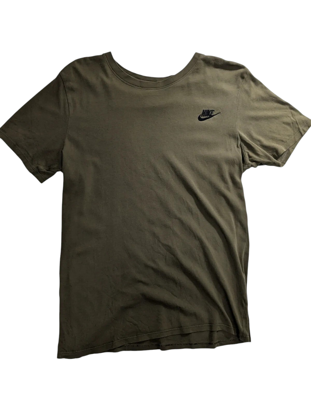 My Store Nike olive green crew neck t-shirt with small black logo, short sleeves, and athletic cut.