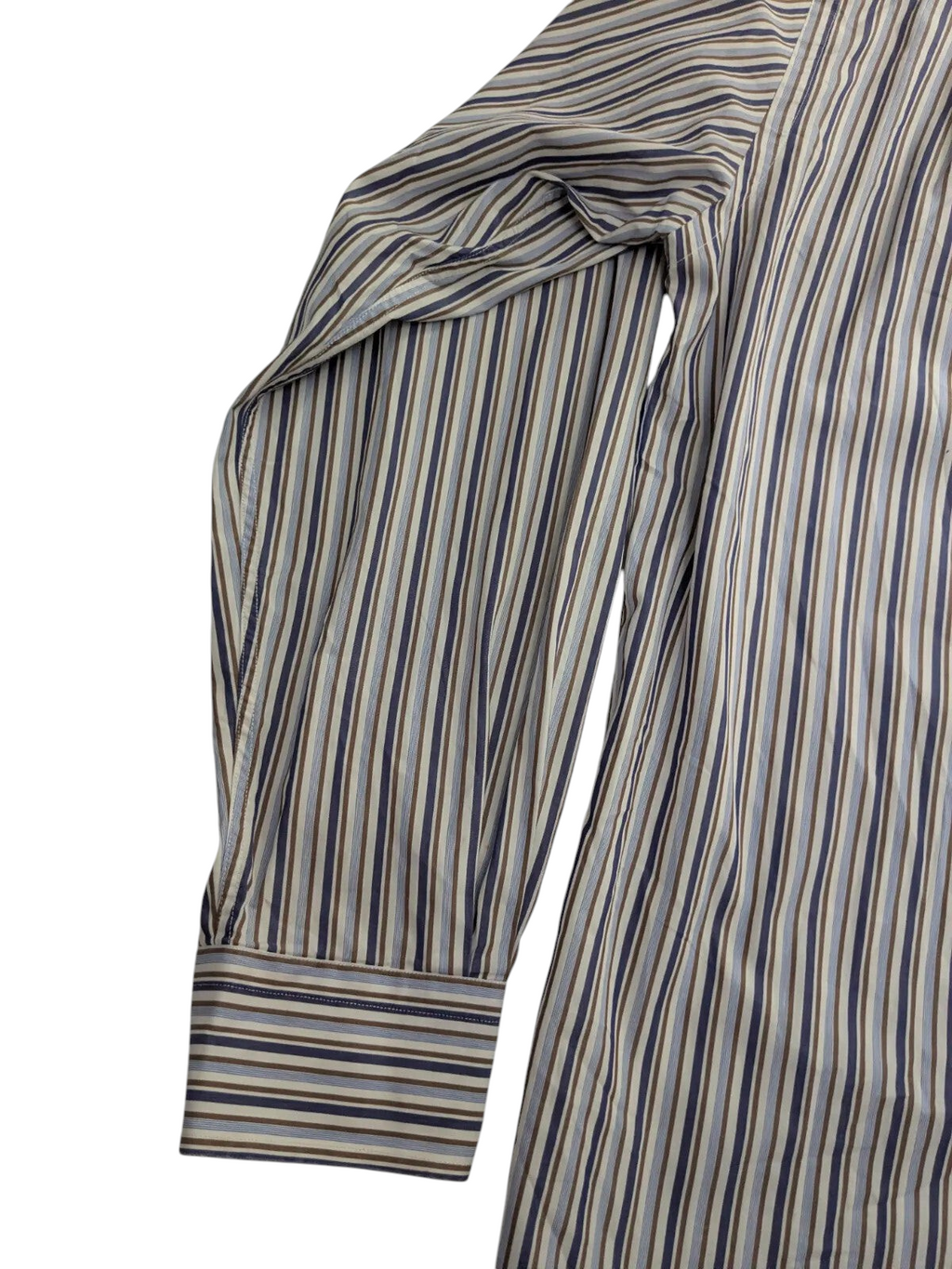 My Store Paul & Shark long sleeve button up shirt featuring a vertical striped pattern in blue, brown, and white.