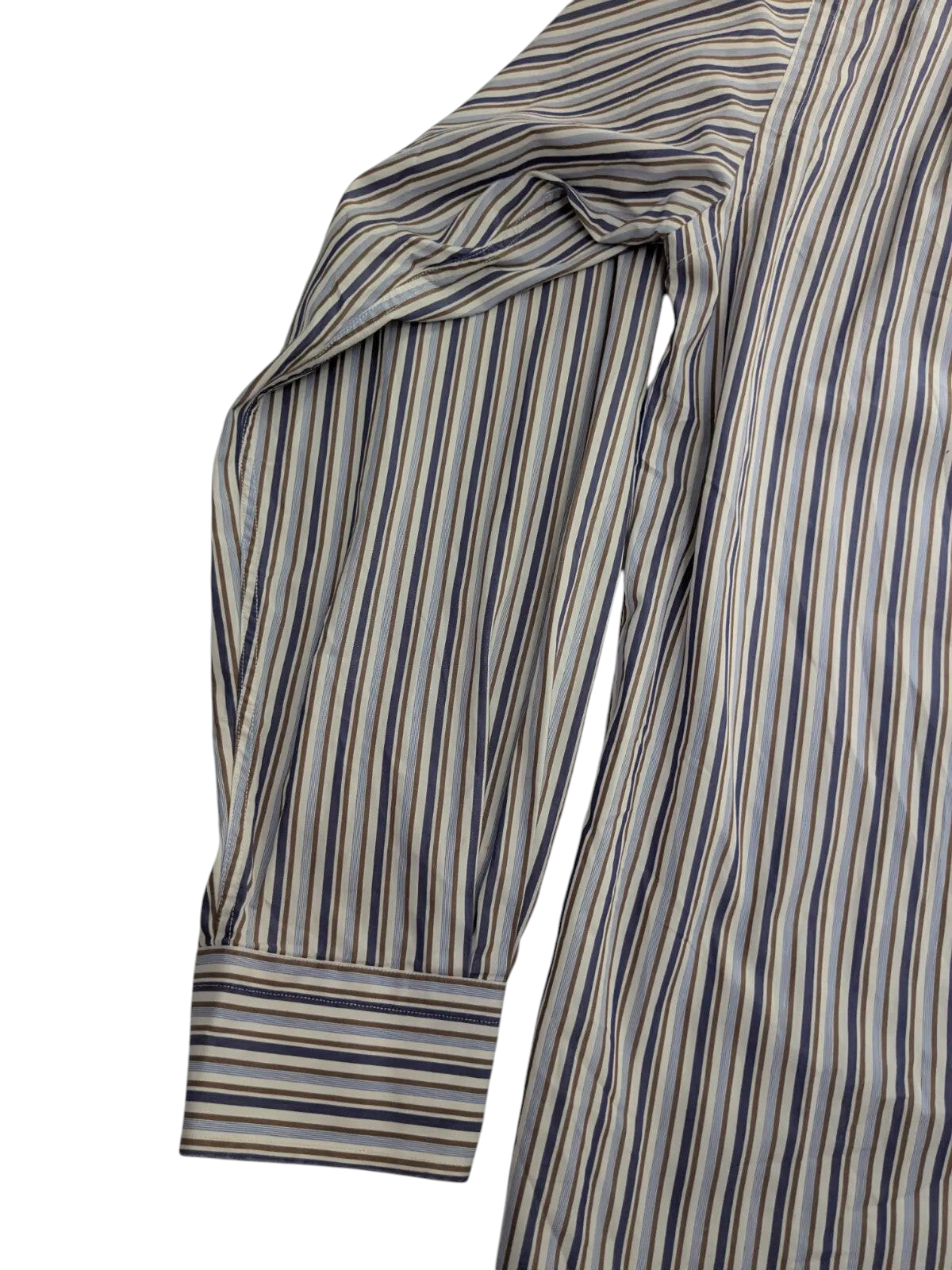 My Store Paul & Shark long sleeve button up shirt featuring a vertical striped pattern in blue, brown, and white.