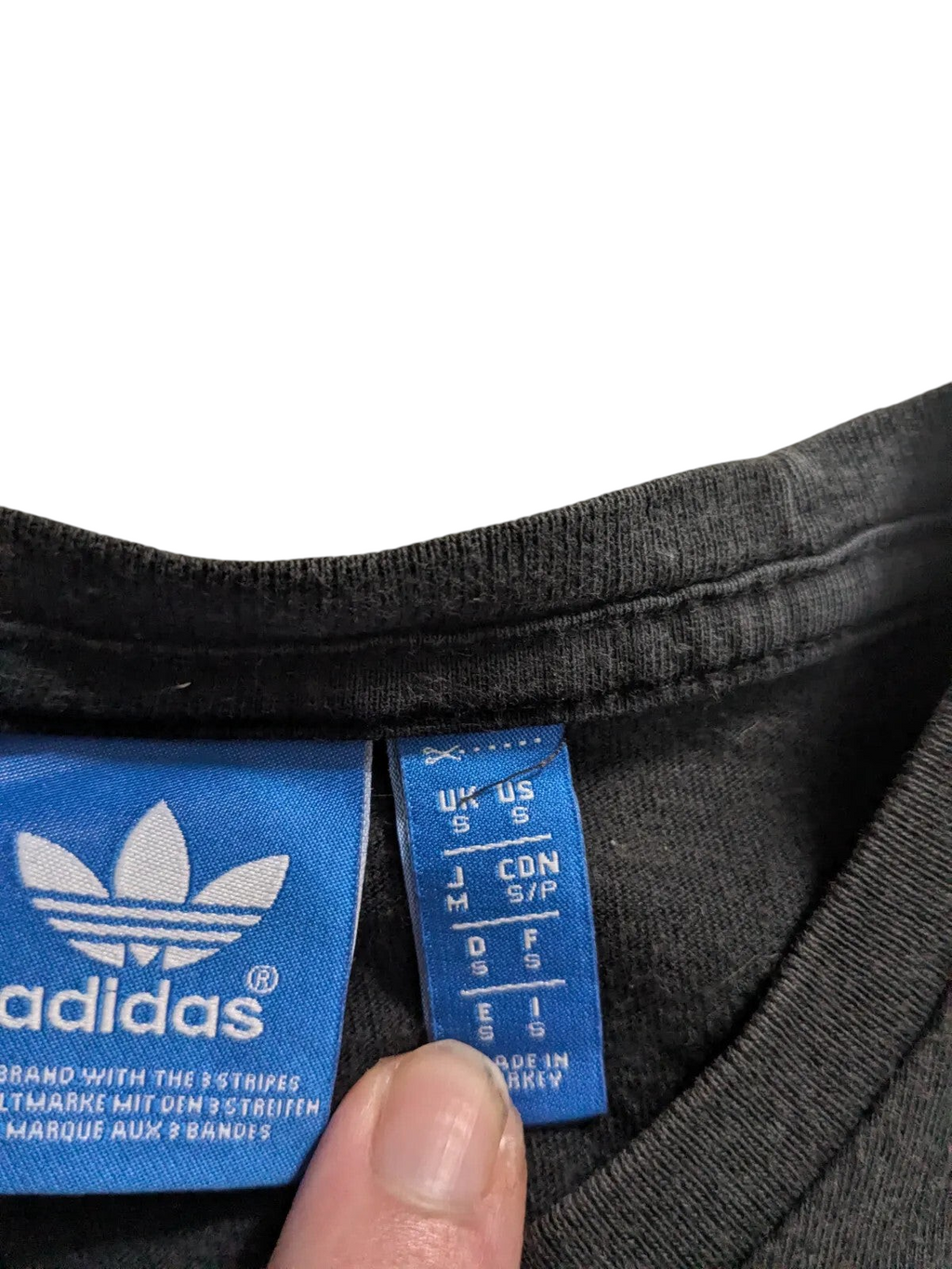 My Store pre-owned black adidas t-shirt size small with blue brand neck label and crew neck detail