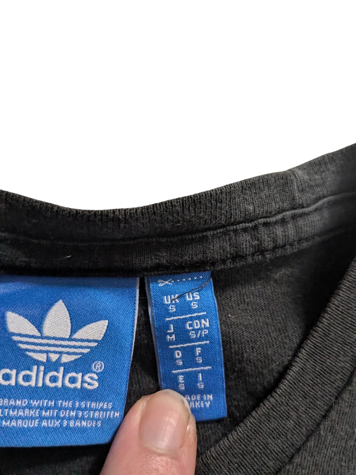 My Store pre-owned black adidas t-shirt size small with blue brand neck label and crew neck detail