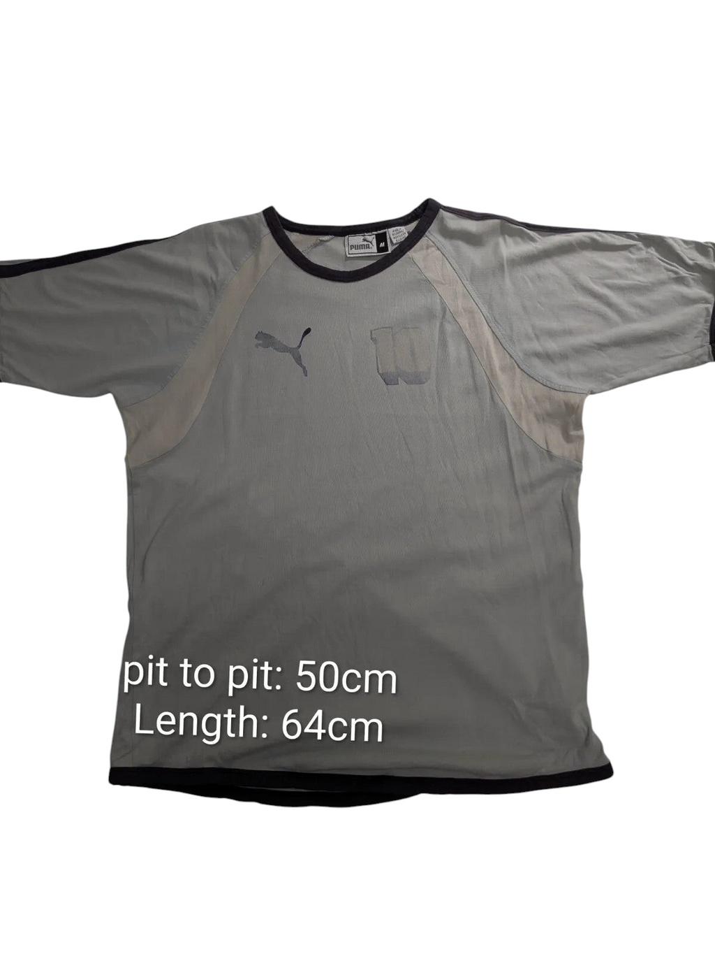 My Store grey PUMA football shirt with crew neck, raglan sleeves, and graphic logo print in size medium.