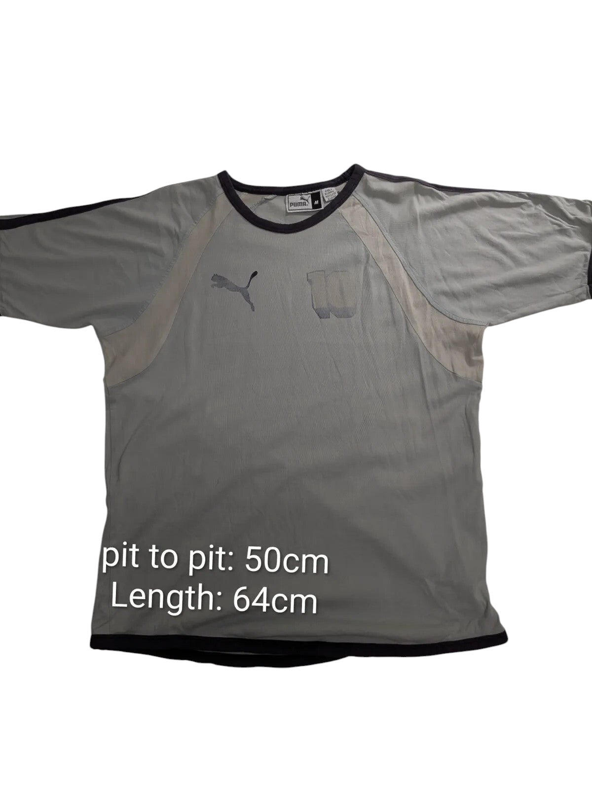 My Store grey PUMA football shirt with crew neck, raglan sleeves, and graphic logo print in size medium.