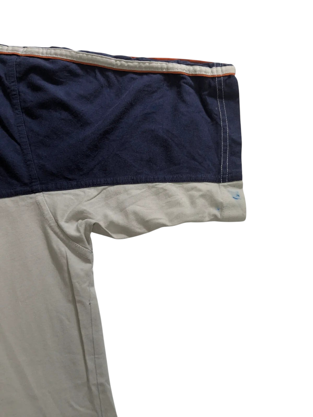 My Store navy and white cotton Adidas crew neck t-shirt sleeve detail showing a small blue stain on the fabric