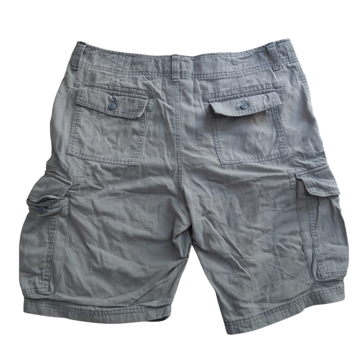 My Store Goodfellow & Co grey cotton cargo shorts with utility pockets and button closures, back view.