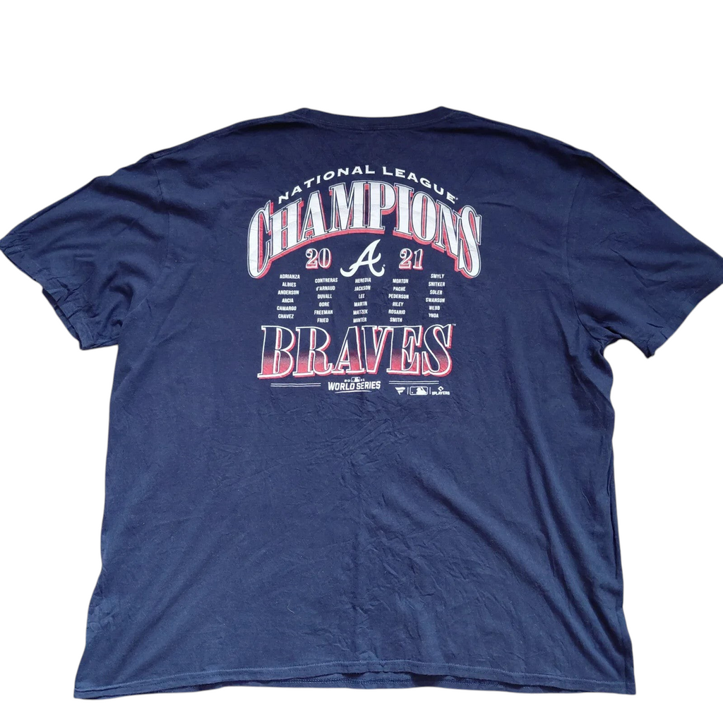 My Store navy cotton Atlanta Braves 2021 NL Champions graphic t-shirt, back view with team roster print.