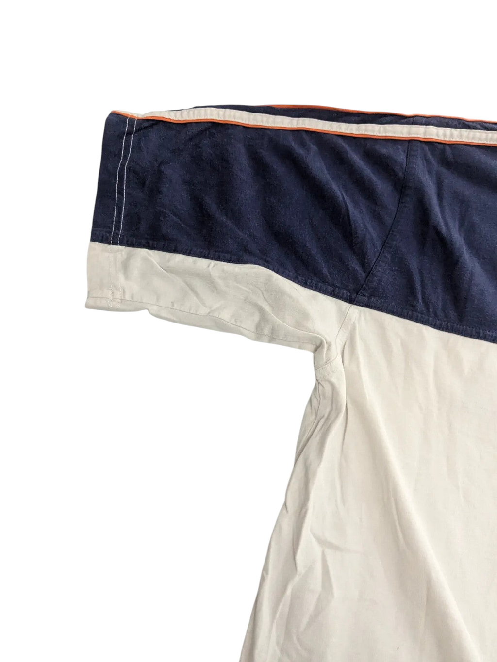 My Store navy and white cotton adidas t-shirt sleeve detail with orange trim and contrast stitching
