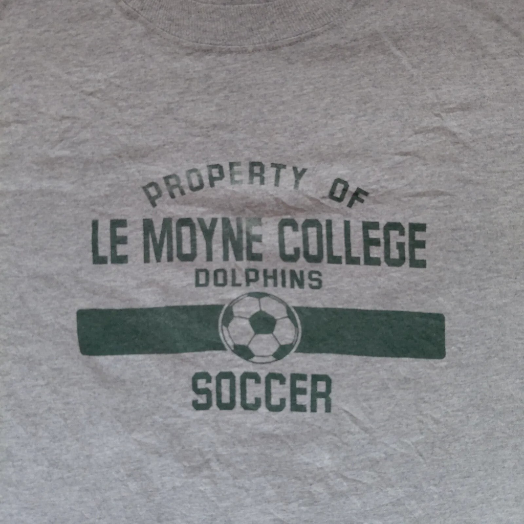 My Store grey heather cotton Champion crew neck t-shirt with Le Moyne College Dolphins soccer graphic print