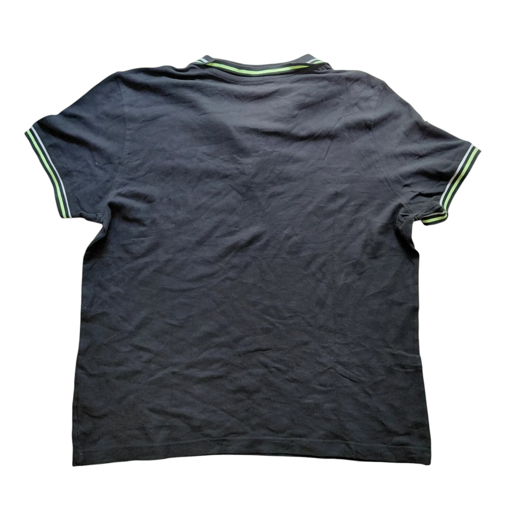 My Store Lotto black short sleeve polo shirt with lime green striped trim on collar and sleeves, back view