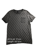 My Store grey cotton crew neck t-shirt featuring an all-over black cross print and a single chest pocket.