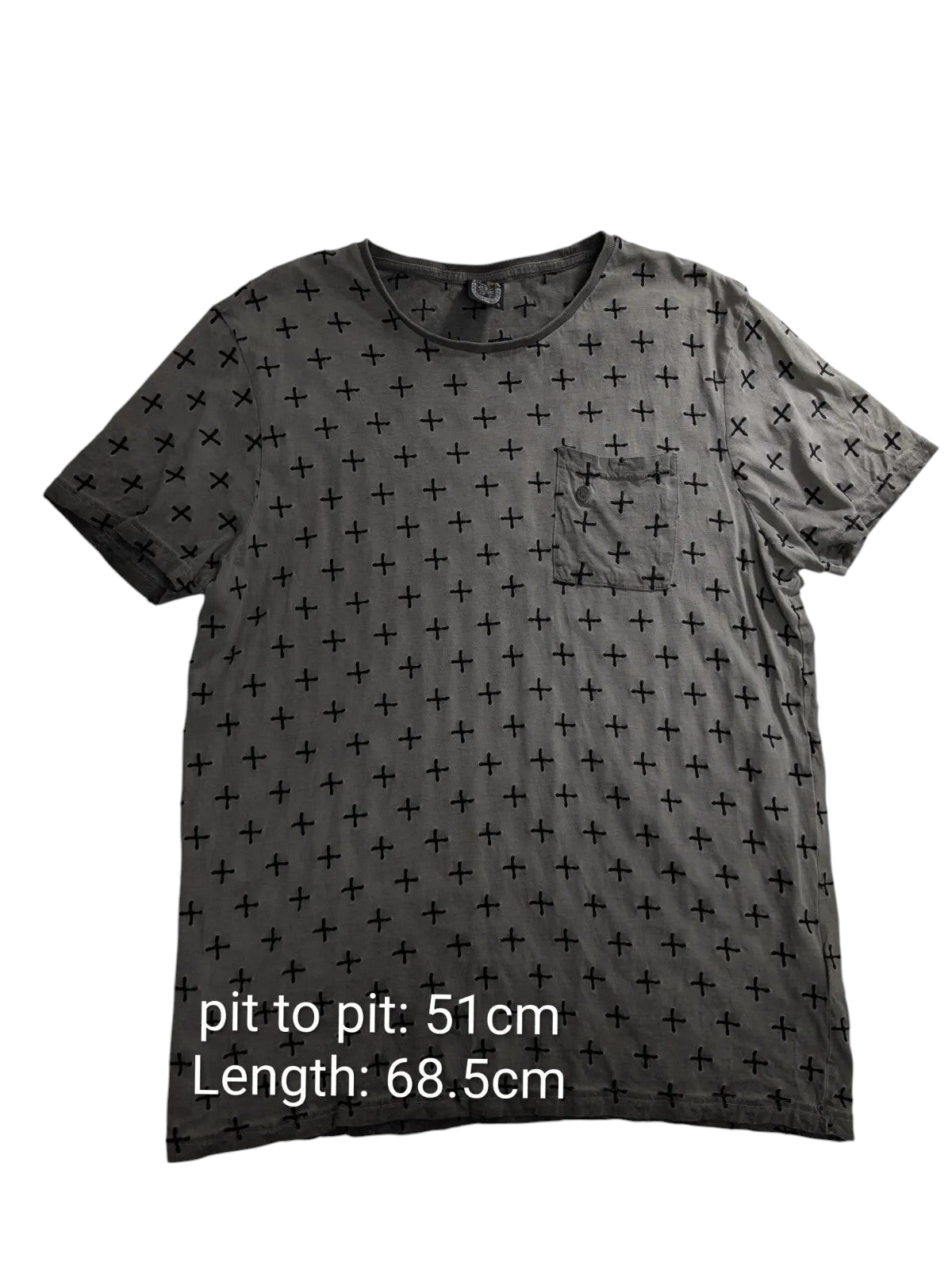 My Store grey cotton crew neck t-shirt featuring an all-over black cross print and a single chest pocket.