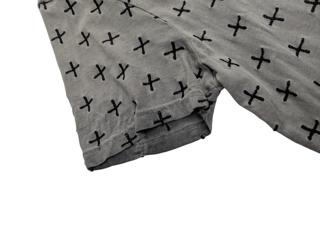 My Store grey cotton short sleeve t-shirt with a black cross print pattern, close-up of the sleeve detail.