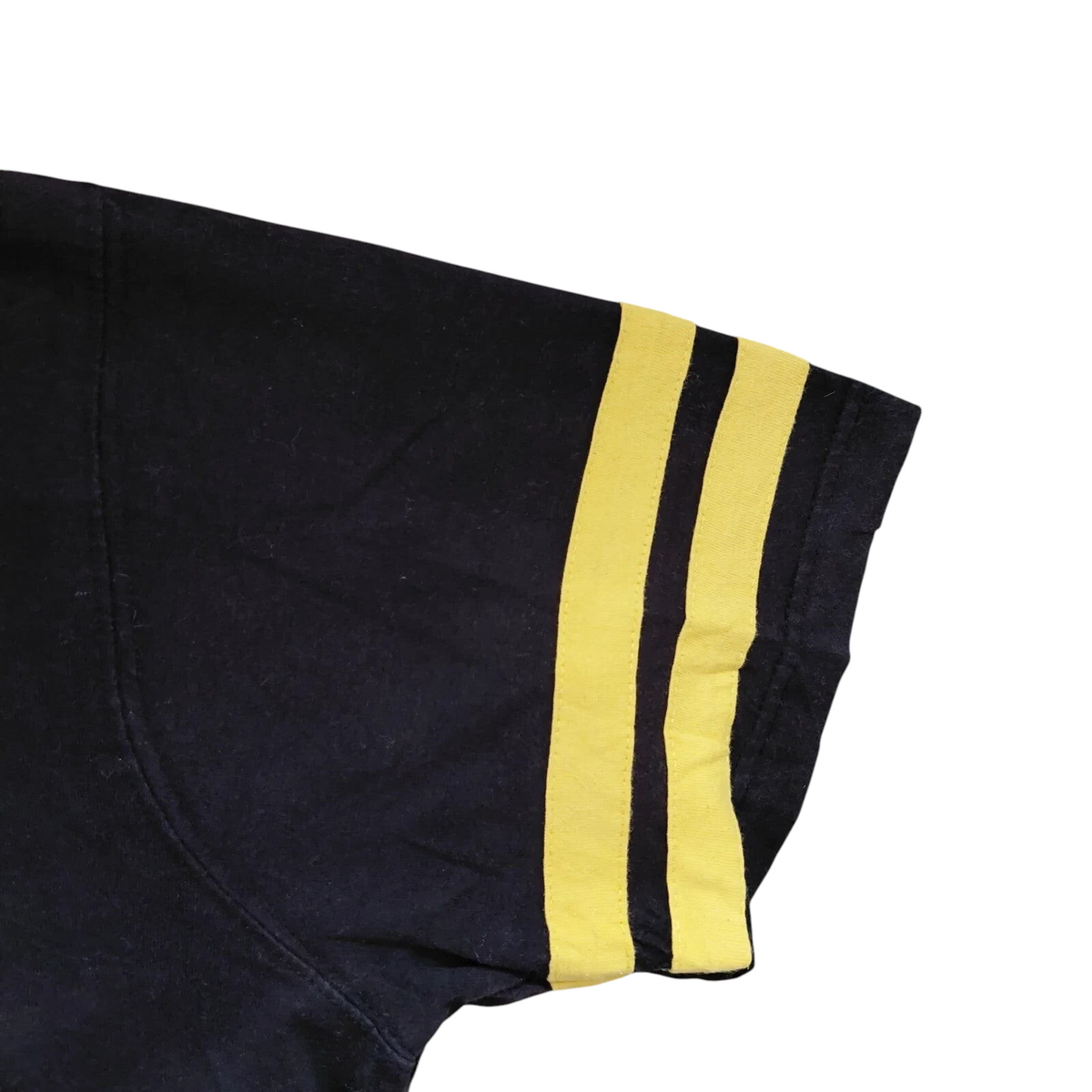 My Store black NFL Pittsburgh Steelers t-shirt sleeve with yellow double stripe detail on a grey textured background