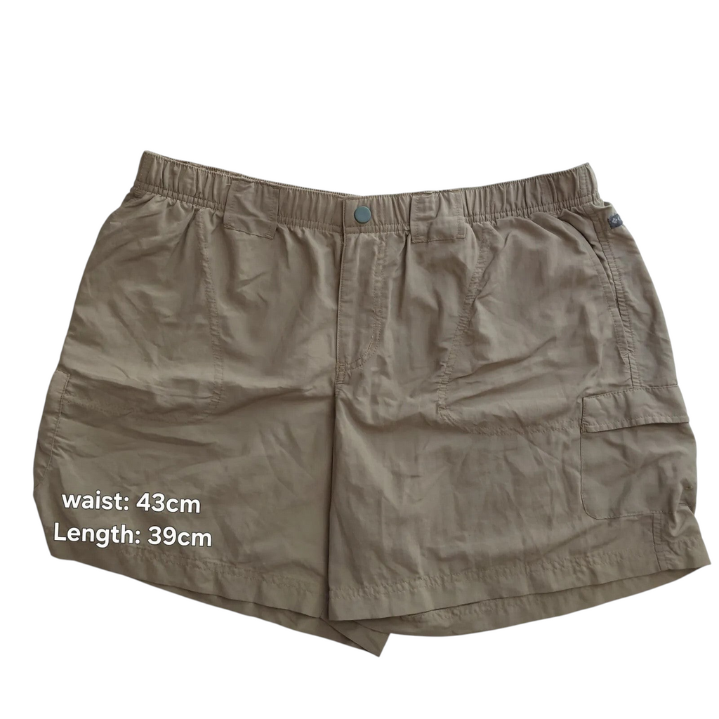 My Store Columbia khaki nylon cargo shorts with an elastic waistband and side pockets, size large.