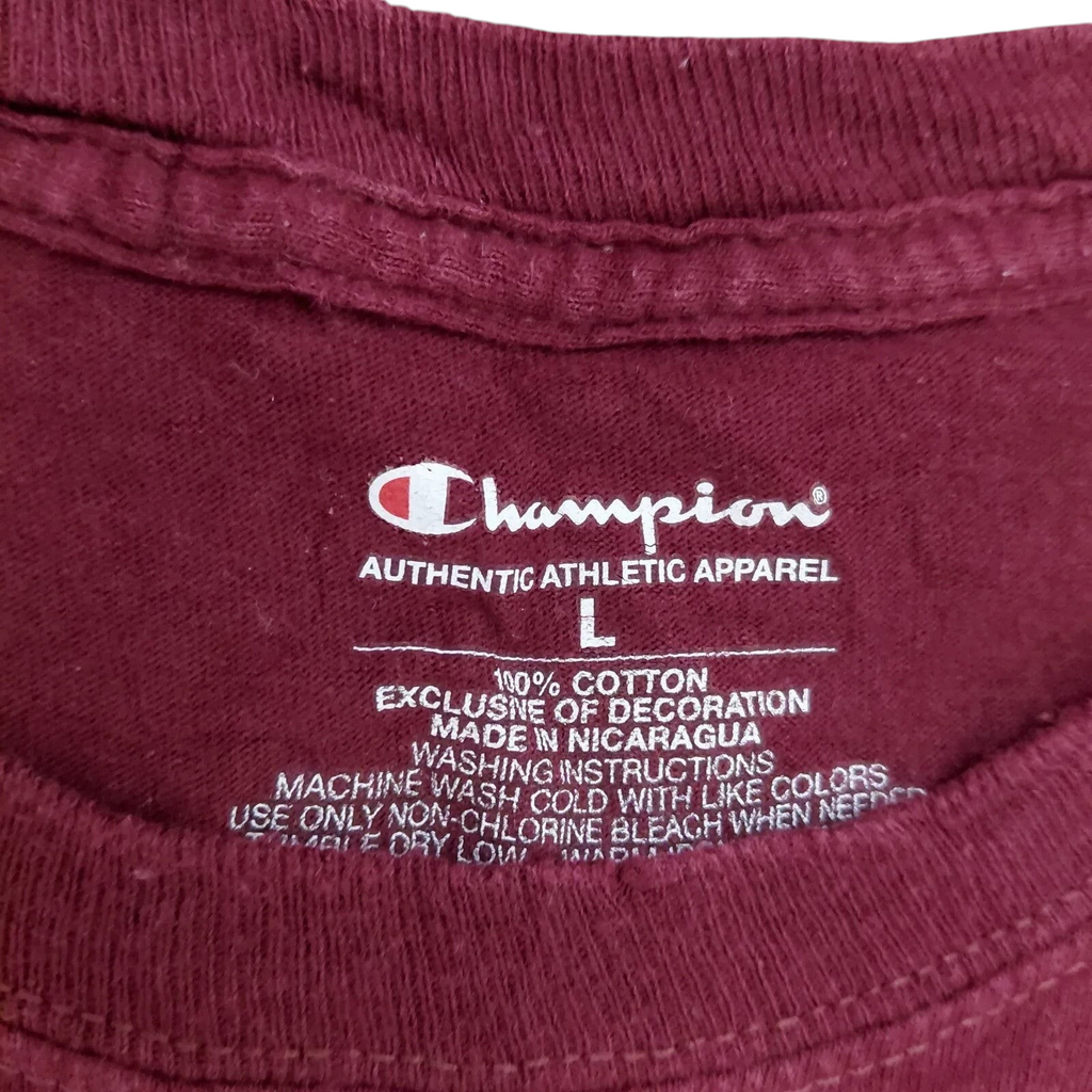My Store Champion burgundy cotton t-shirt size large interior neck label with care instructions
