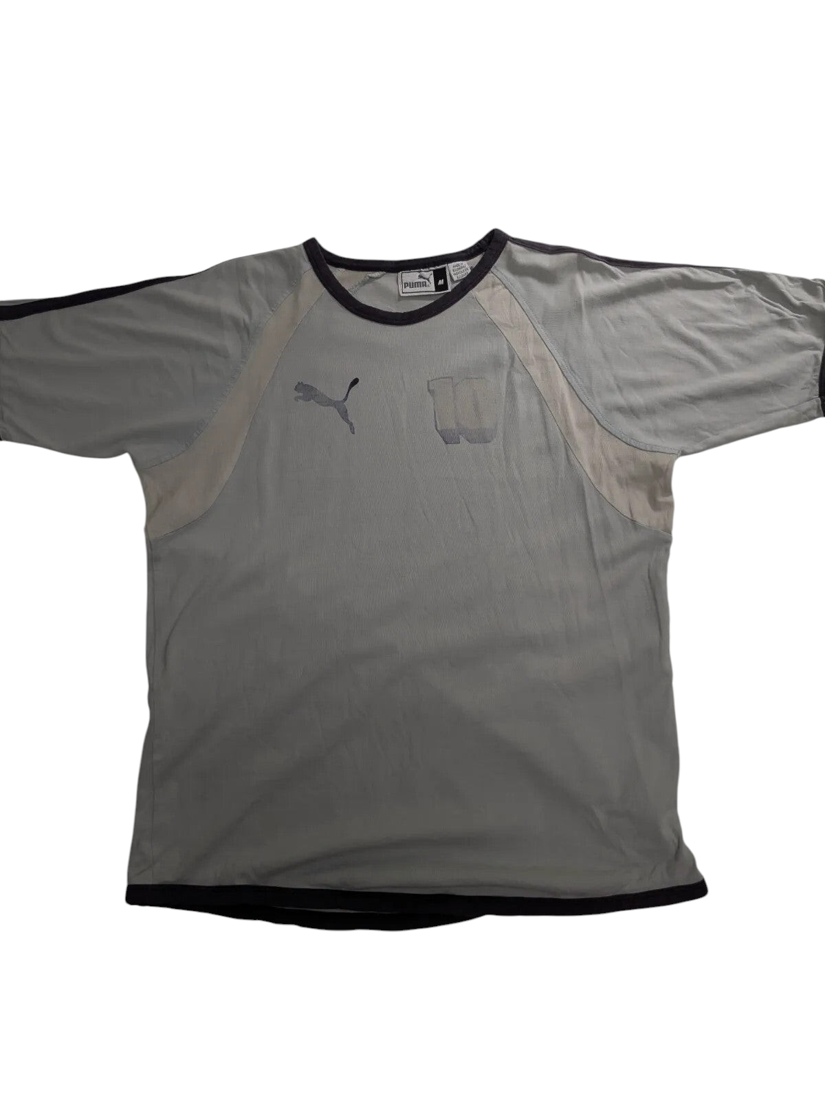 My Store grey PUMA football shirt with crew neck, raglan sleeves, and graphic logo print in size medium.