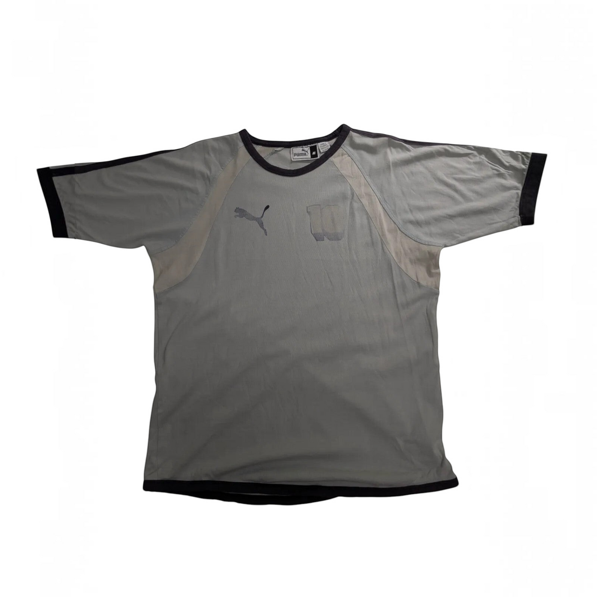 My Store grey PUMA football shirt with crew neck, raglan sleeves, and graphic logo print in size medium.