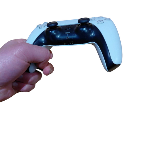 My Store white Sony PS5 DualSense wireless controller held in hand, showing used condition and black accents.