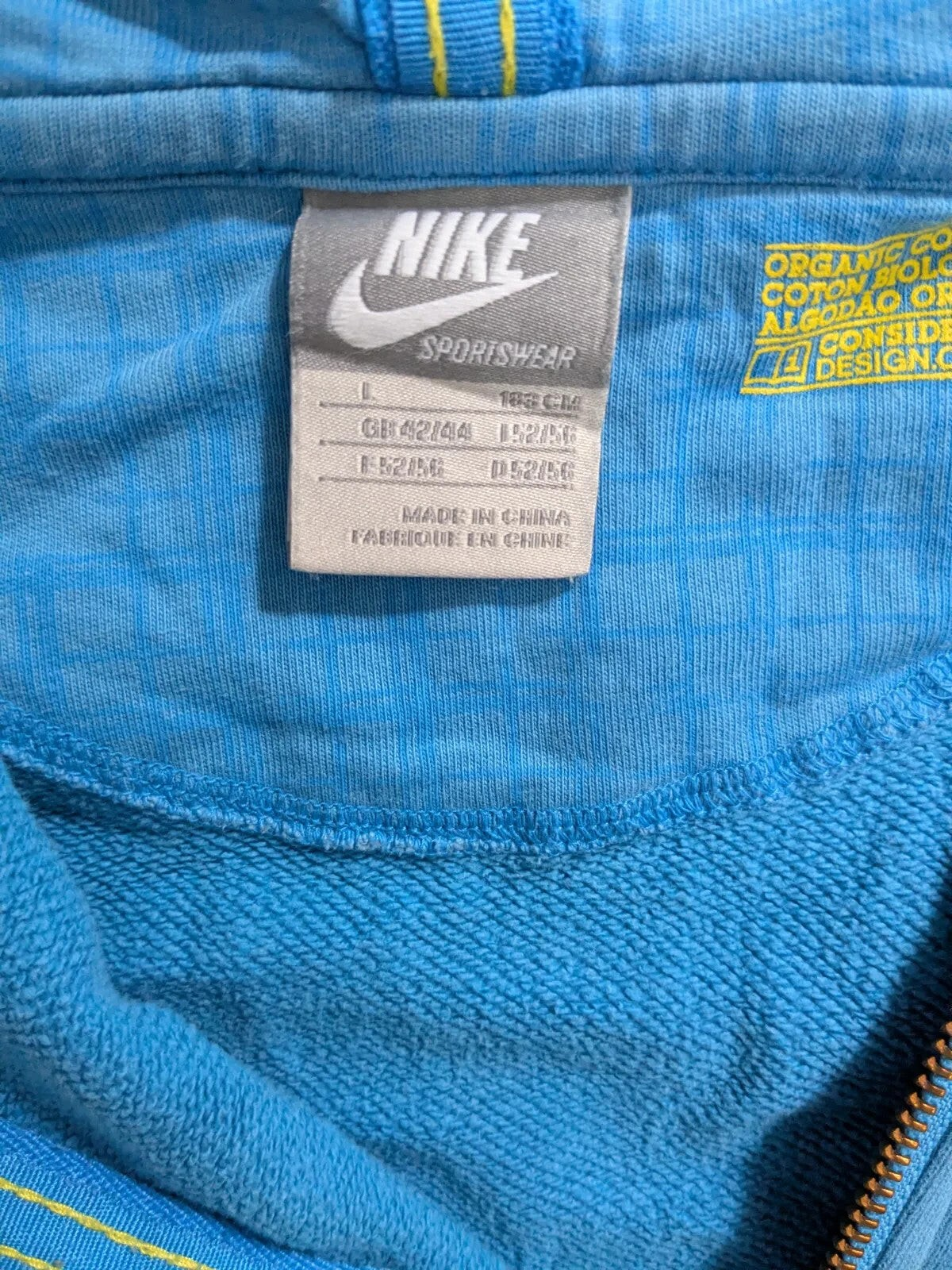 My Store Nike blue cotton 1/4 zip hoodie size large interior label and fabric detail