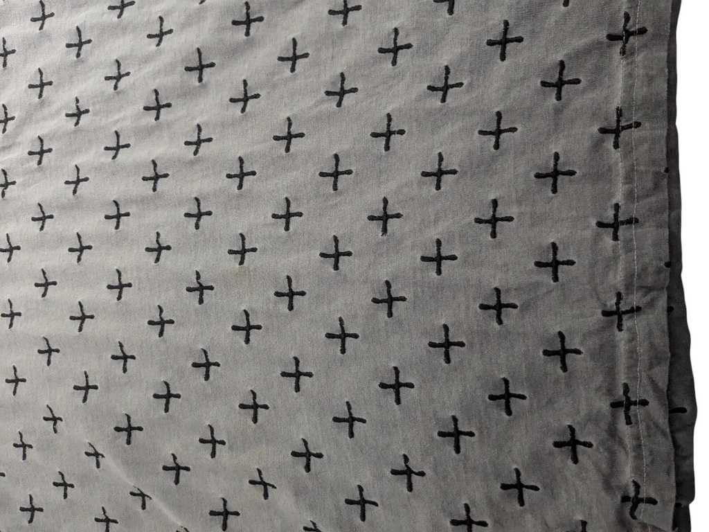 My Store grey cotton t-shirt featuring a repeating black cross print pattern in a casual crew neck style