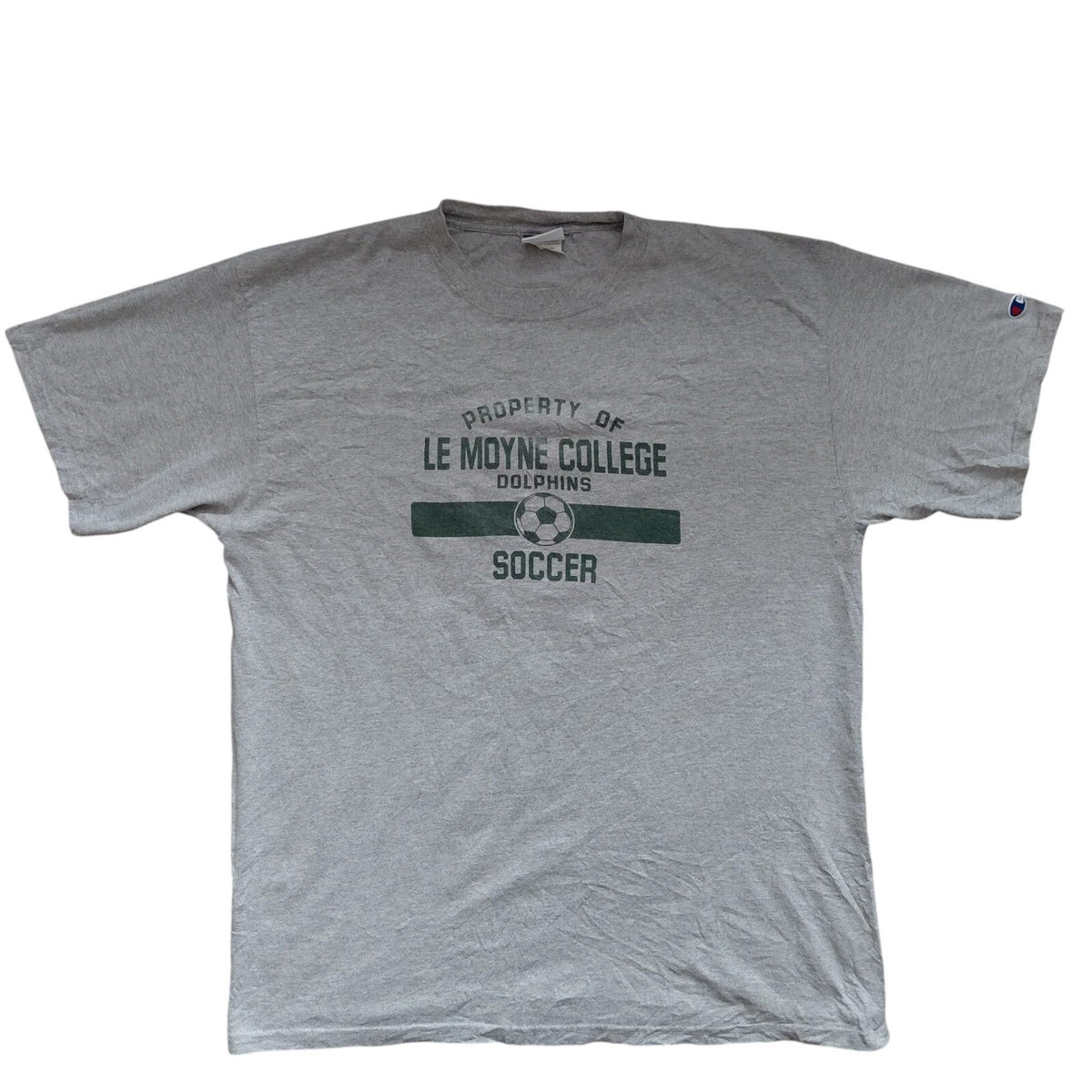 My Store Champion grey heather cotton crew neck t-shirt with Le Moyne College Dolphins soccer graphic, size XL