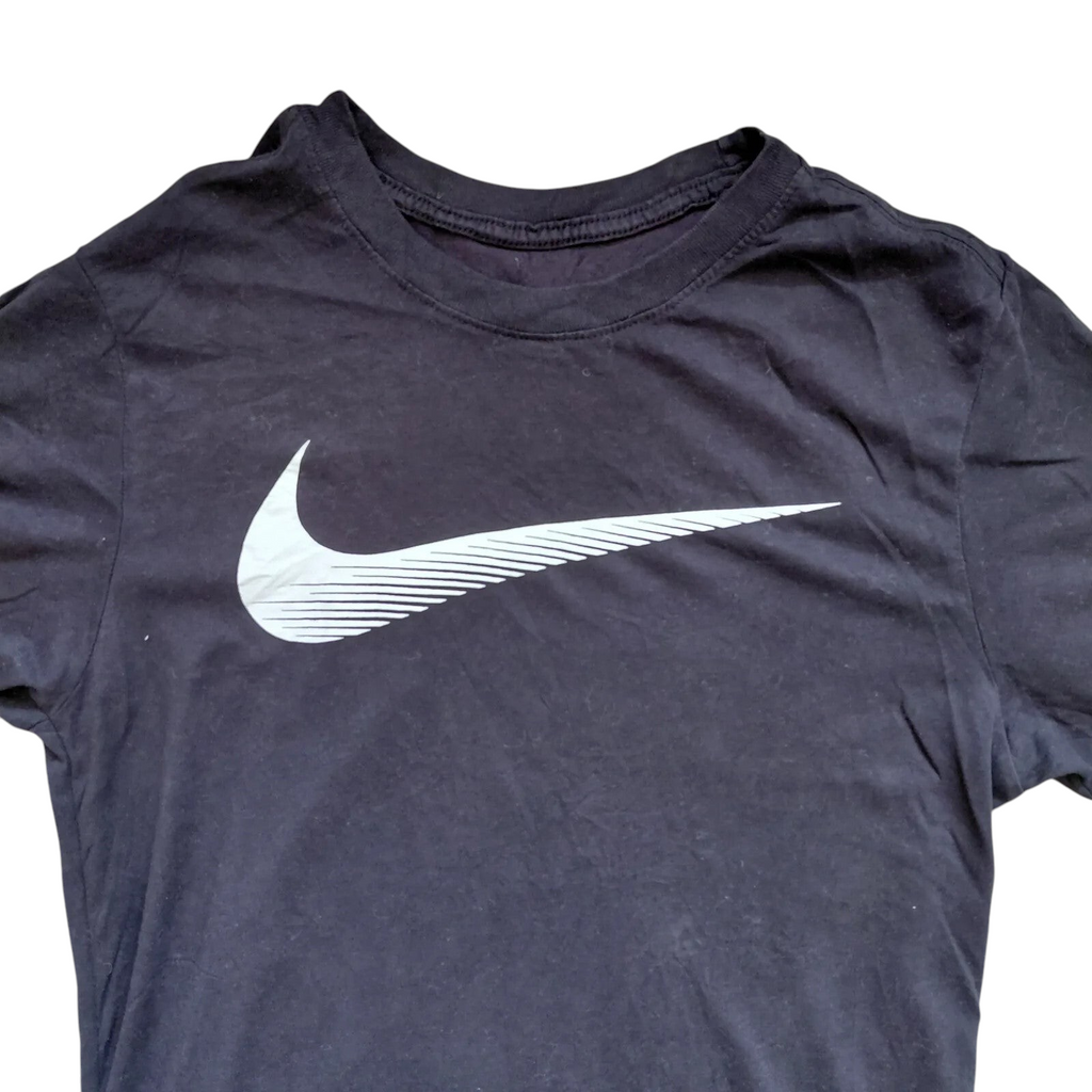My Store Nike Dri-FIT black crew neck t-shirt with a white graphic swoosh logo on the chest