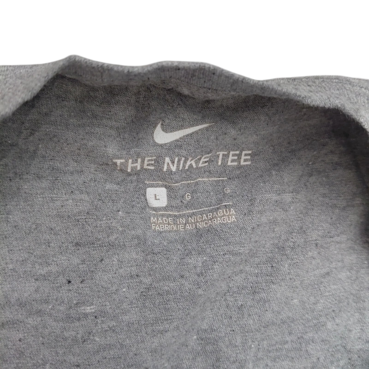 My Store grey Nike crew neck t-shirt size large interior neck label with logo and branding details