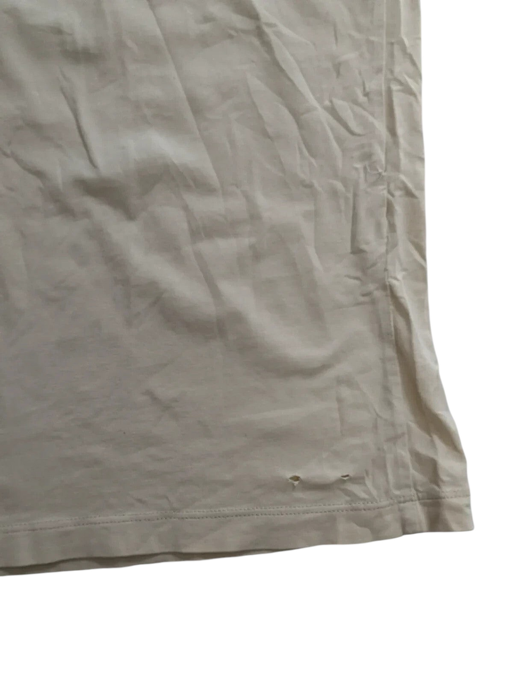 My Store cream cotton Gaudi t-shirt showing a small fabric tear near the bottom hem