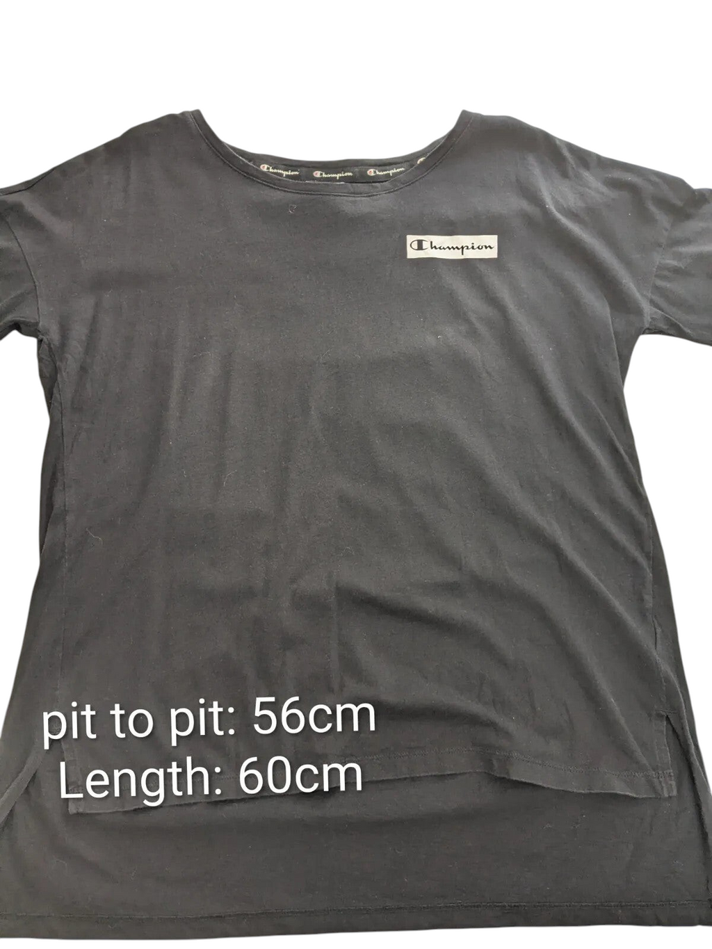 My Store pre-owned black Champion t-shirt with logo patch and crew neck, size large streetwear style.