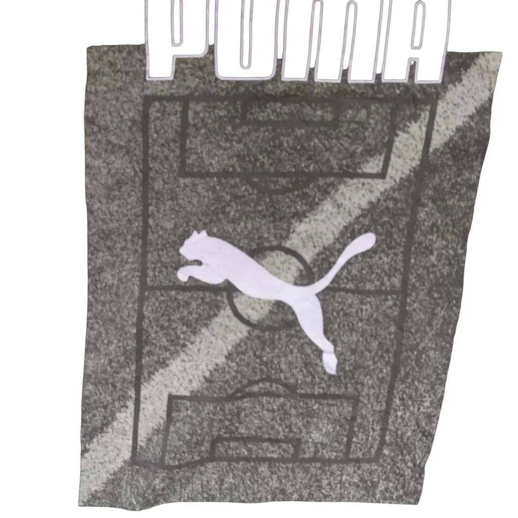 My Store olive green Puma crew neck t-shirt with a white soccer field graphic and logo on the front