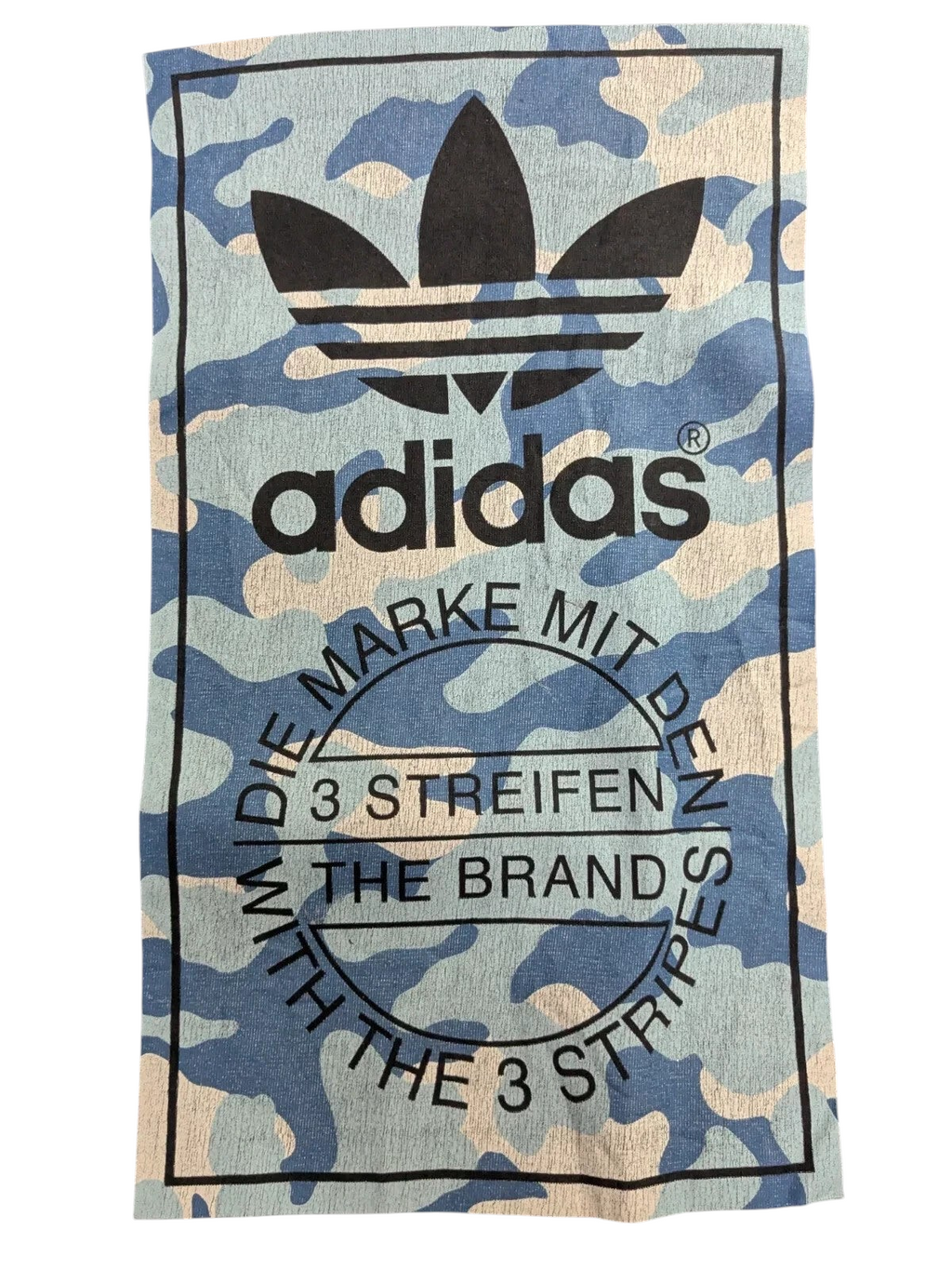 My Store black Adidas t-shirt featuring a blue camouflage graphic logo print with text on the front.