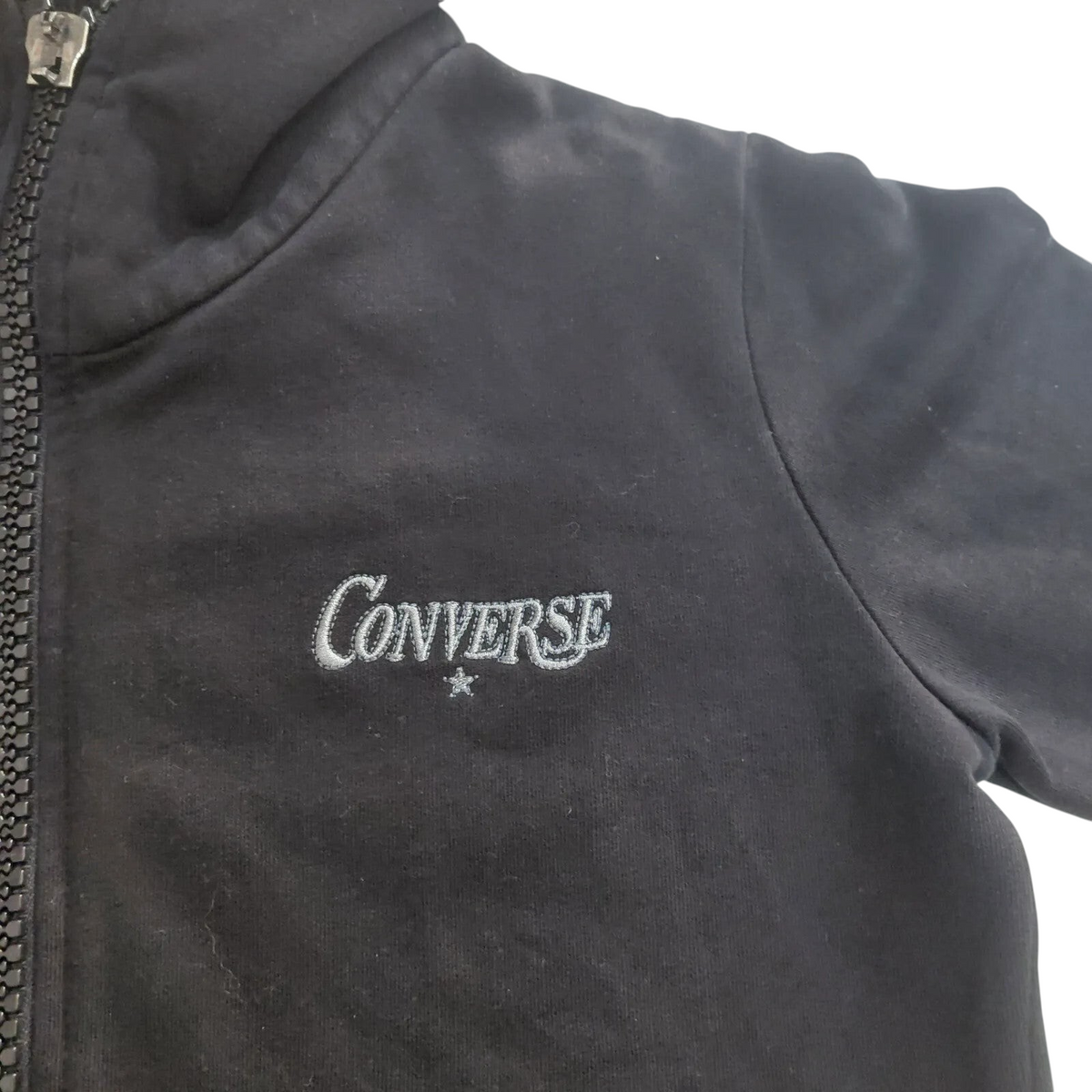 My Store black Converse zip hoodie featuring embroidered logo and fleece lining, pre-owned condition