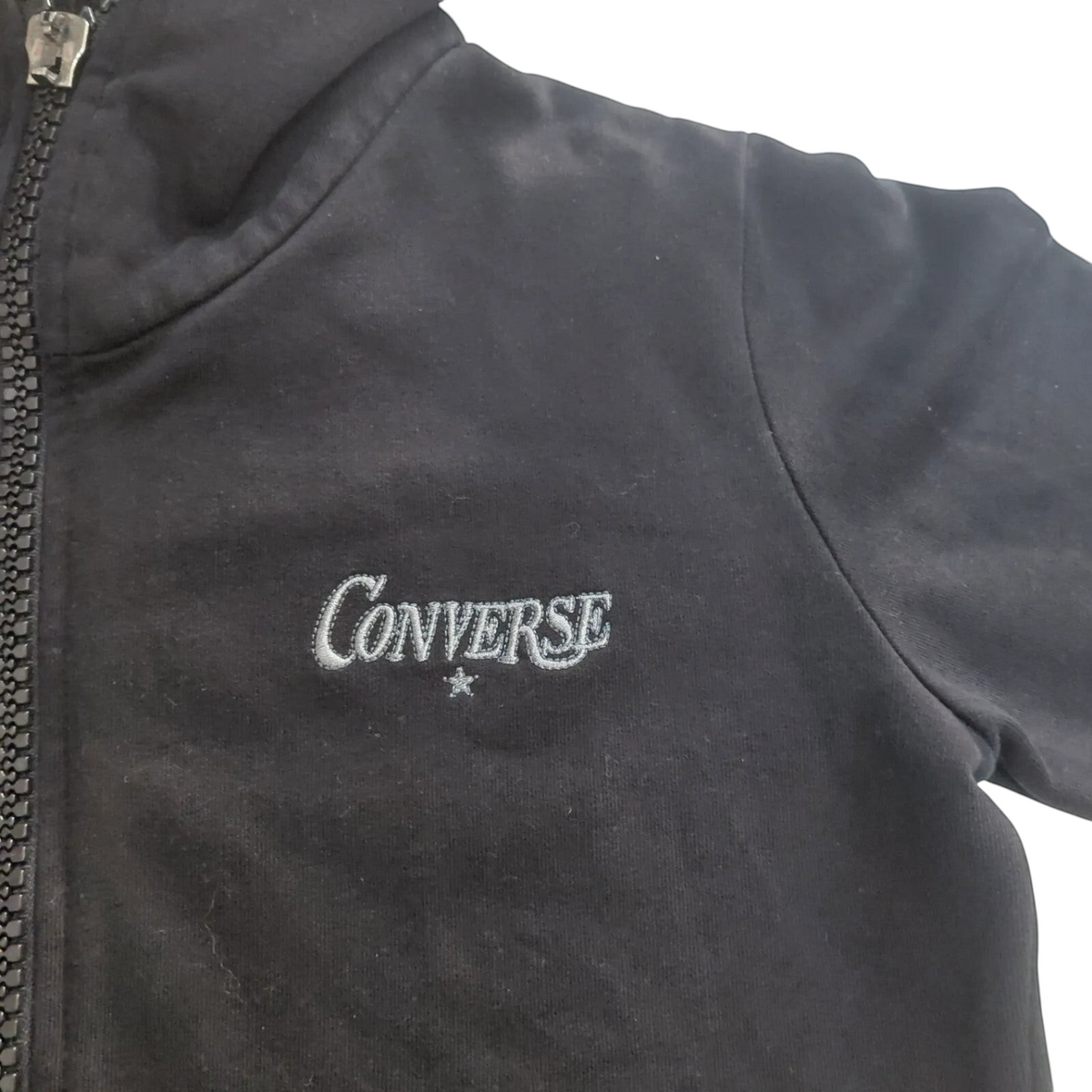My Store black Converse zip hoodie featuring embroidered logo and fleece lining, pre-owned condition