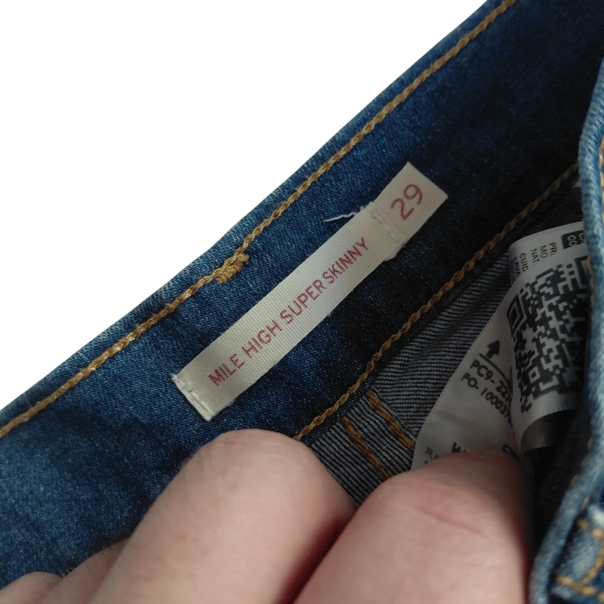 My Store Levi's Mile High Super Skinny jeans interior label showing size 29 in dark blue denim wash