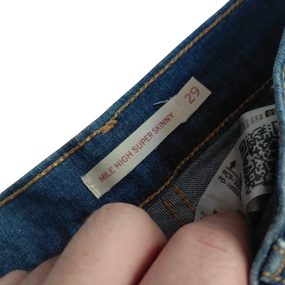 My Store Levi's Mile High Super Skinny jeans interior label showing size 29 in dark blue denim wash