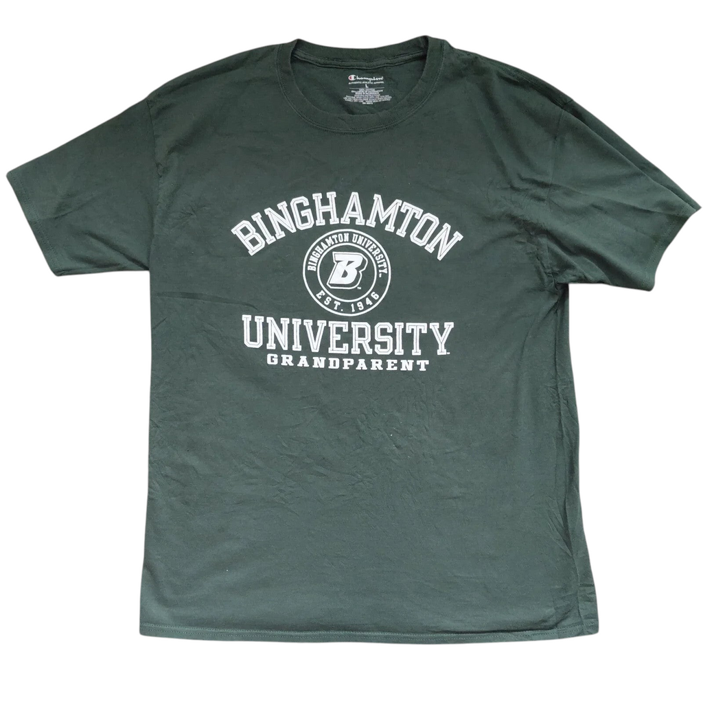 My Store dark green Champion cotton crew neck t-shirt with white Binghamton University Grandparent graphic print