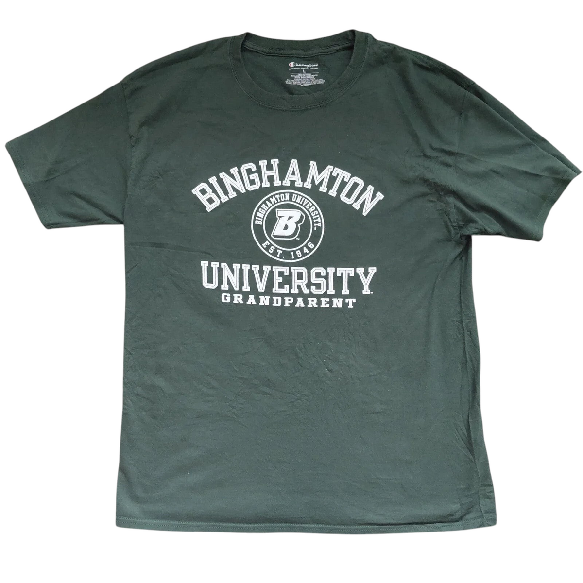 My Store dark green Champion cotton crew neck t-shirt with white Binghamton University Grandparent graphic print