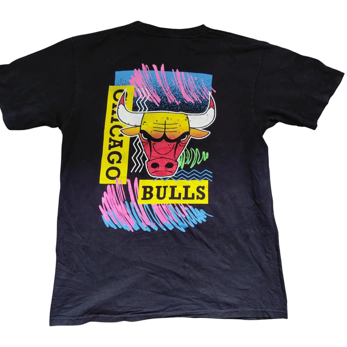 My Store black Jordan cotton t-shirt featuring a vibrant Chicago Bulls bull head graphic print on the back