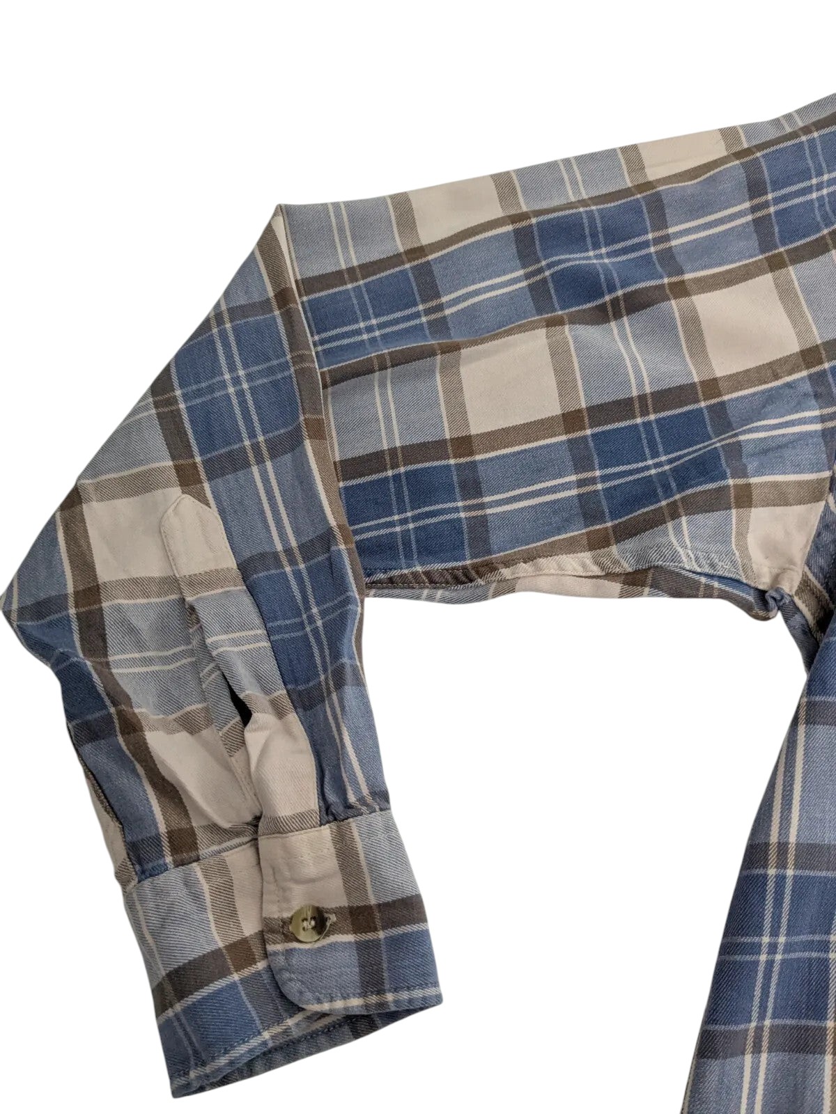 My Store Fila long sleeve button up shirt in blue and beige plaid cotton fabric with a cuffed sleeve detail.
