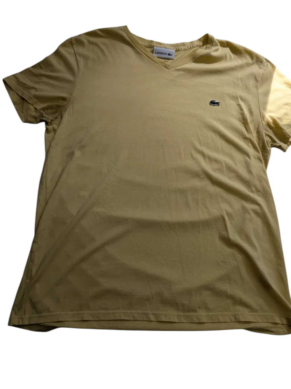 My Store pre-owned yellow Lacoste cotton V-neck T-shirt with signature crocodile logo on chest, size large.