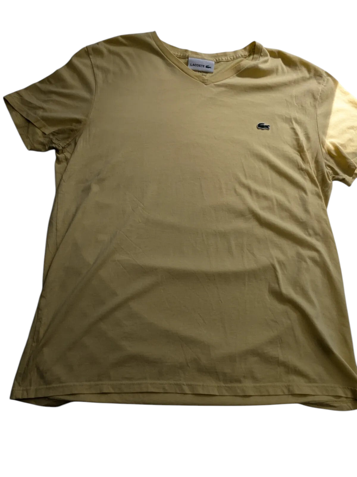 My Store pre-owned yellow Lacoste cotton V-neck T-shirt with signature crocodile logo on chest, size large.