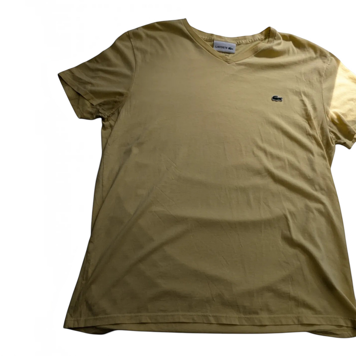 My Store pre-owned yellow Lacoste cotton V-neck T-shirt with signature crocodile logo on chest, size large.